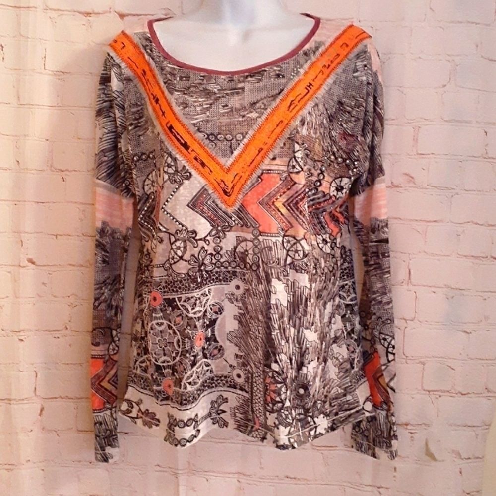 NWT Custo Barcelona Mixed Fabric/Studs/Appliqué/Rhinestone Print Top Small $135